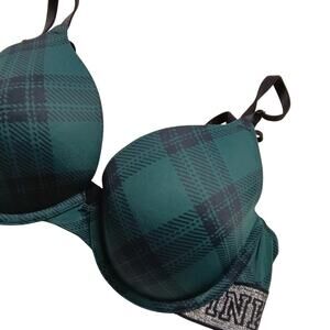 PINK Victoria’s Secret Green Black Plaid Wear Everywhere Super Push Up Bra 34C